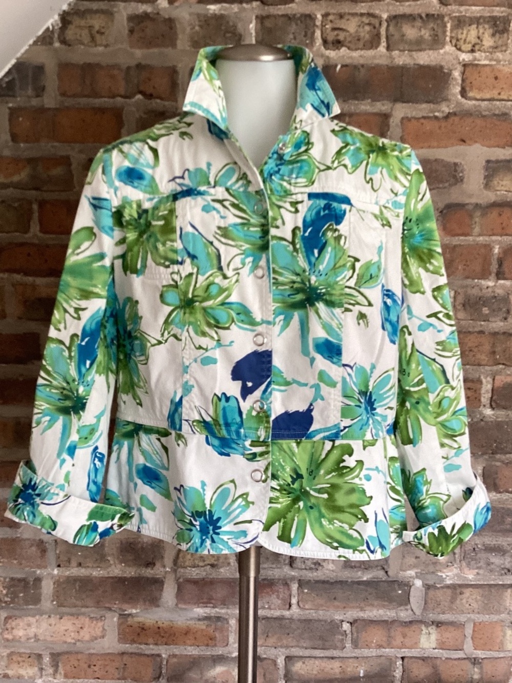 Coldwater Creek floral print jacket.  Size PM. Blue/green/white print.
